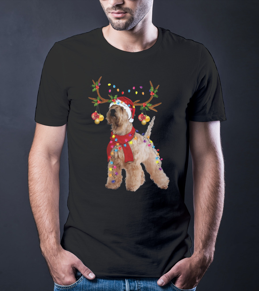 Christmas Wheaten Terrier With Santa Hat And Reindeer Antlers T-Shirt