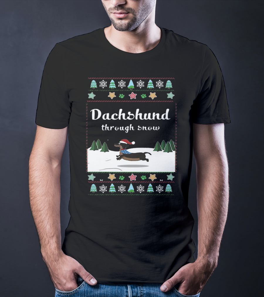 Dachshund Through Snow Christmas Sweater Style With Trees And Stars T-Shirt