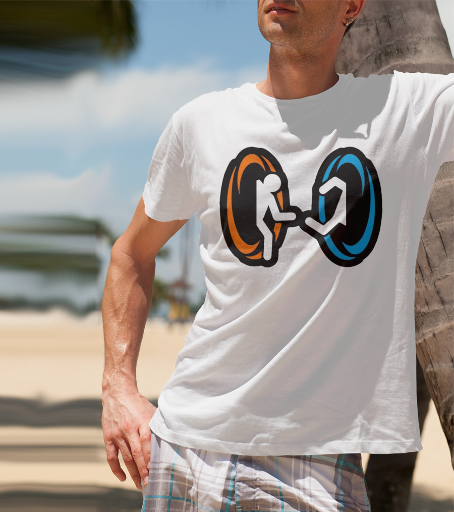 Orange And Blue Portal Stick Figure Couple T-Shirt