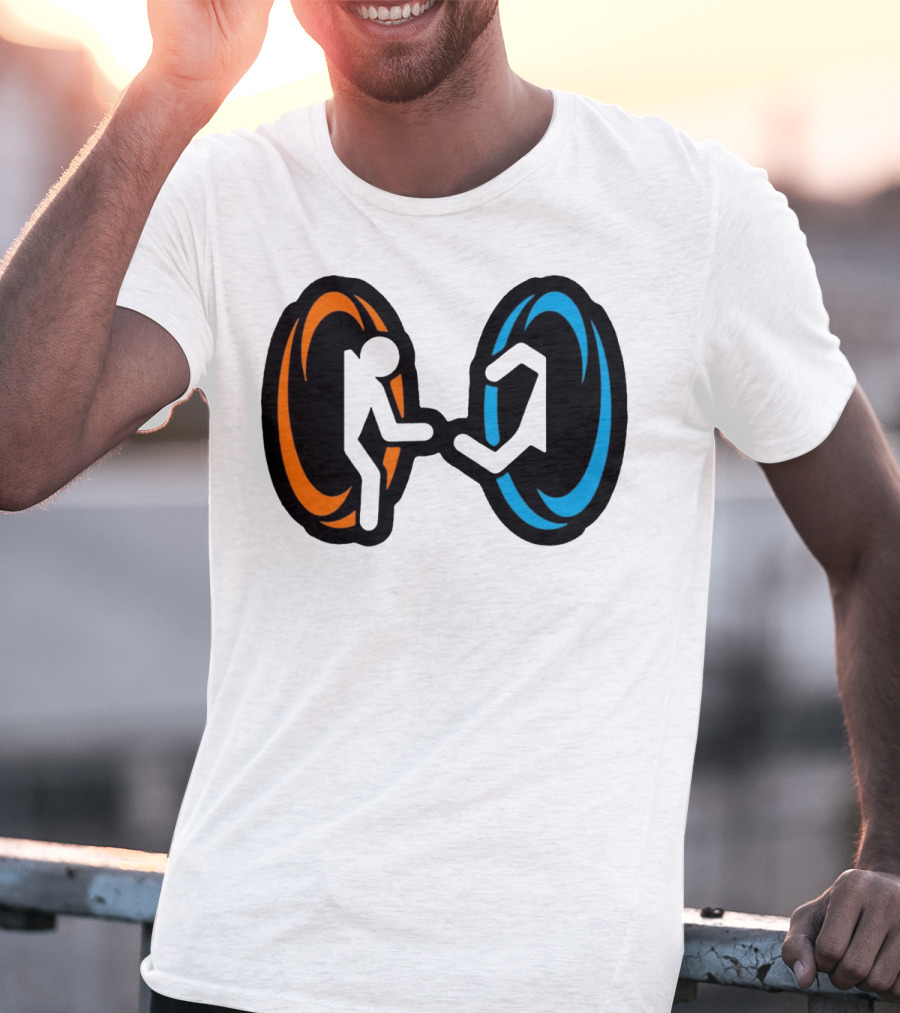 Orange And Blue Portal Stick Figure Couple T-Shirt