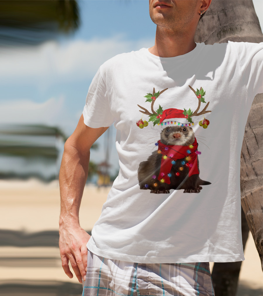 Otter With Festive Lights And Reindeer Antlers Holiday T-Shirt