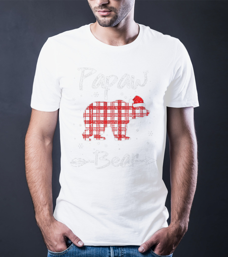 Papaw Bear Red Plaid Santa Hat Winter Holiday Plaid Bear T-Shirt