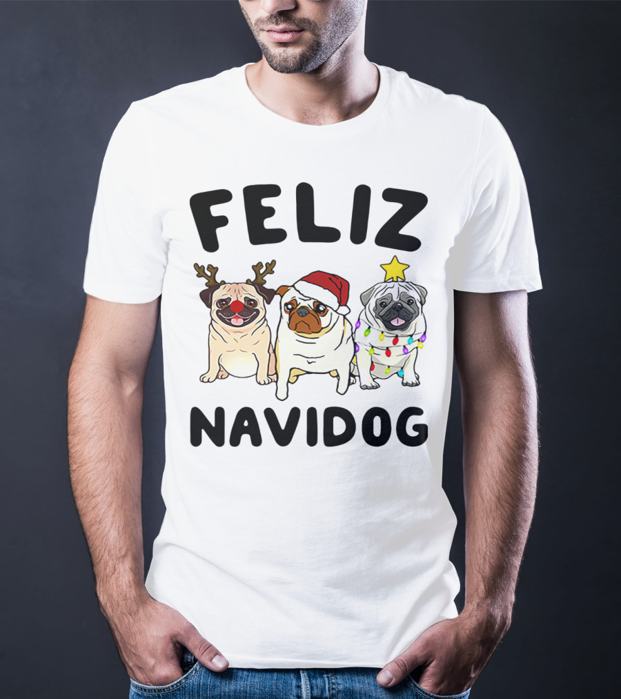 Feliz Navidog Pugs Christmas Reindeer Santa Lights T-Shirt