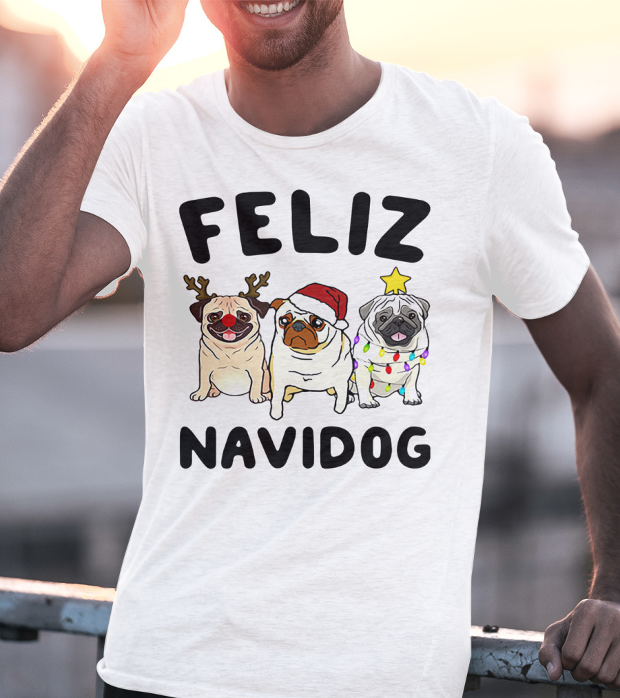 Feliz Navidog Pugs Christmas Reindeer Santa Lights T-Shirt