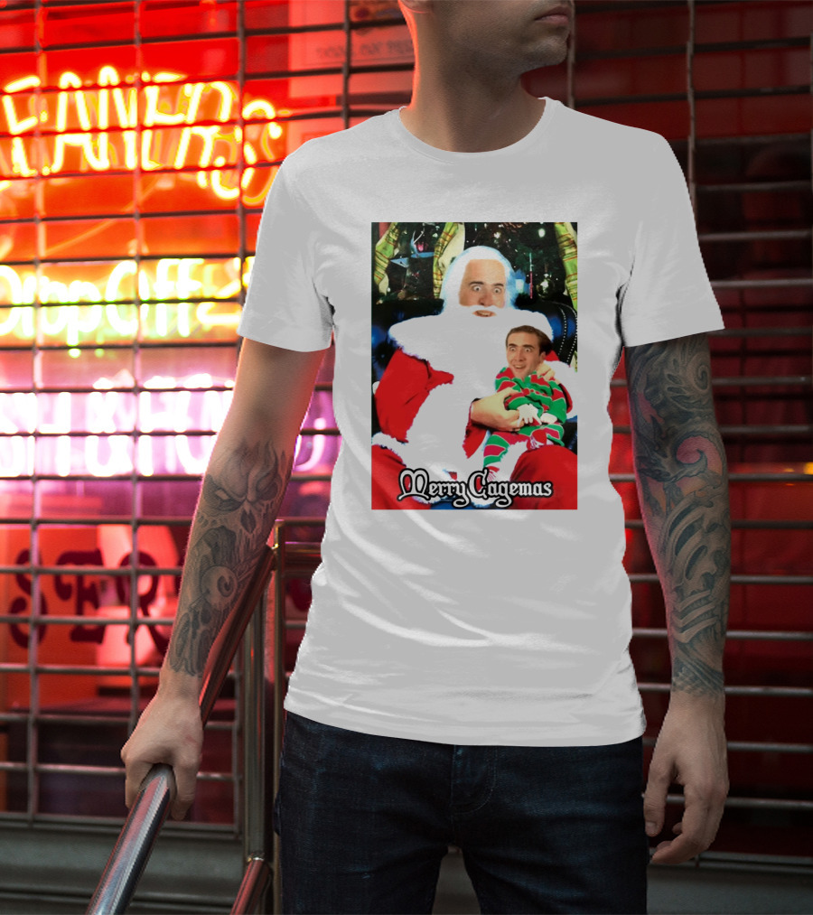 Santa Claus Nicolas Cage Merry Cagemas Christmas Scene T-Shirt