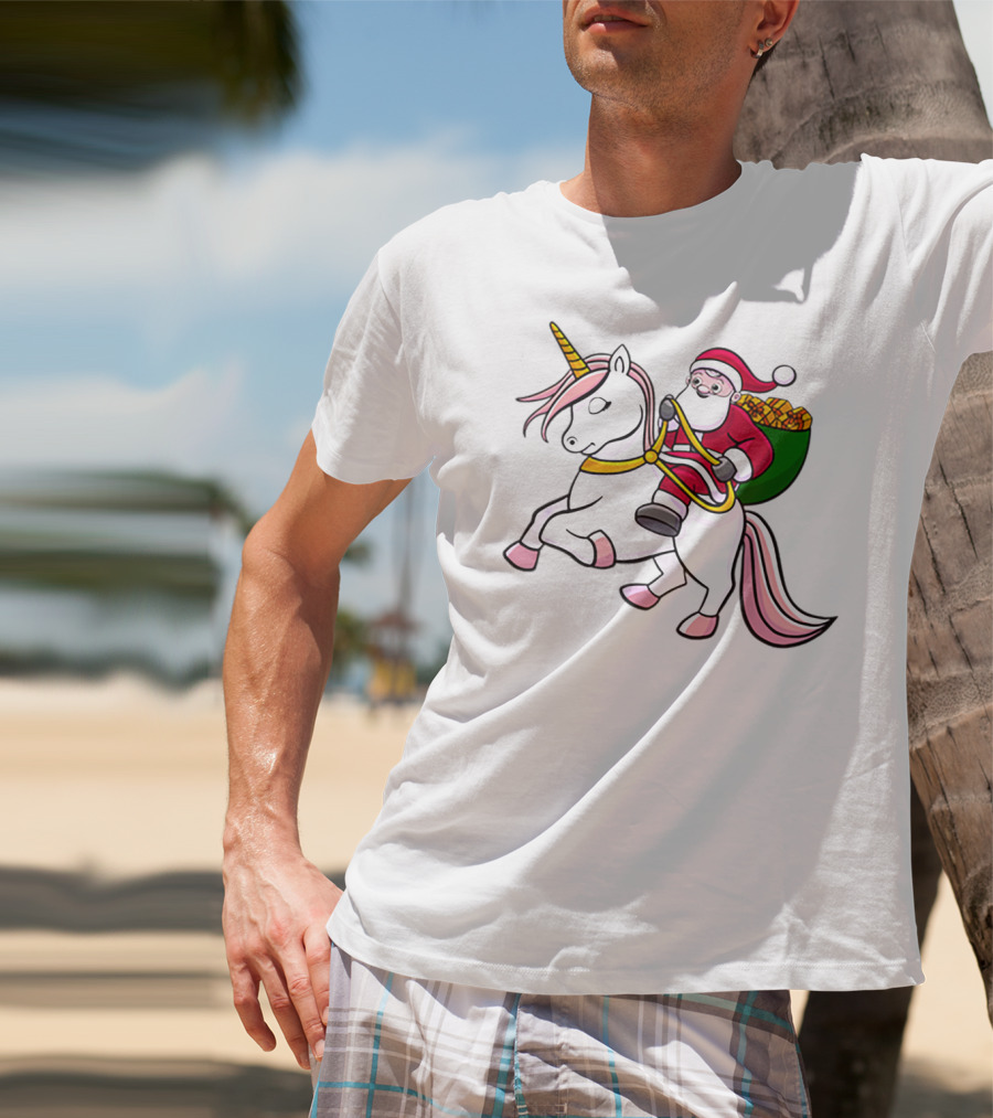 Santa Riding Unicorn With Sack Of Gifts For Cute Girls T-Shirt