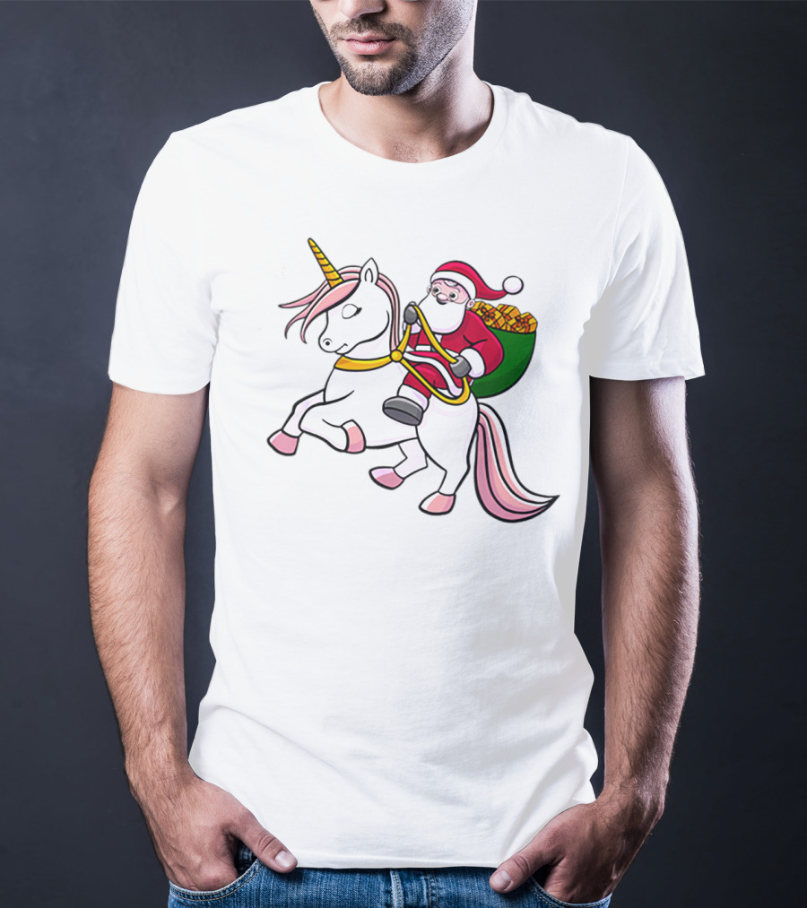 Santa Riding Unicorn With Sack Of Gifts For Cute Girls T-Shirt