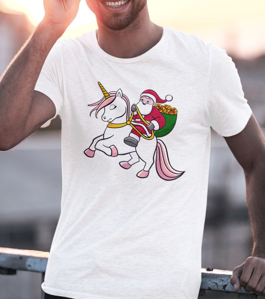 Santa Riding Unicorn With Sack Of Gifts For Cute Girls T-Shirt