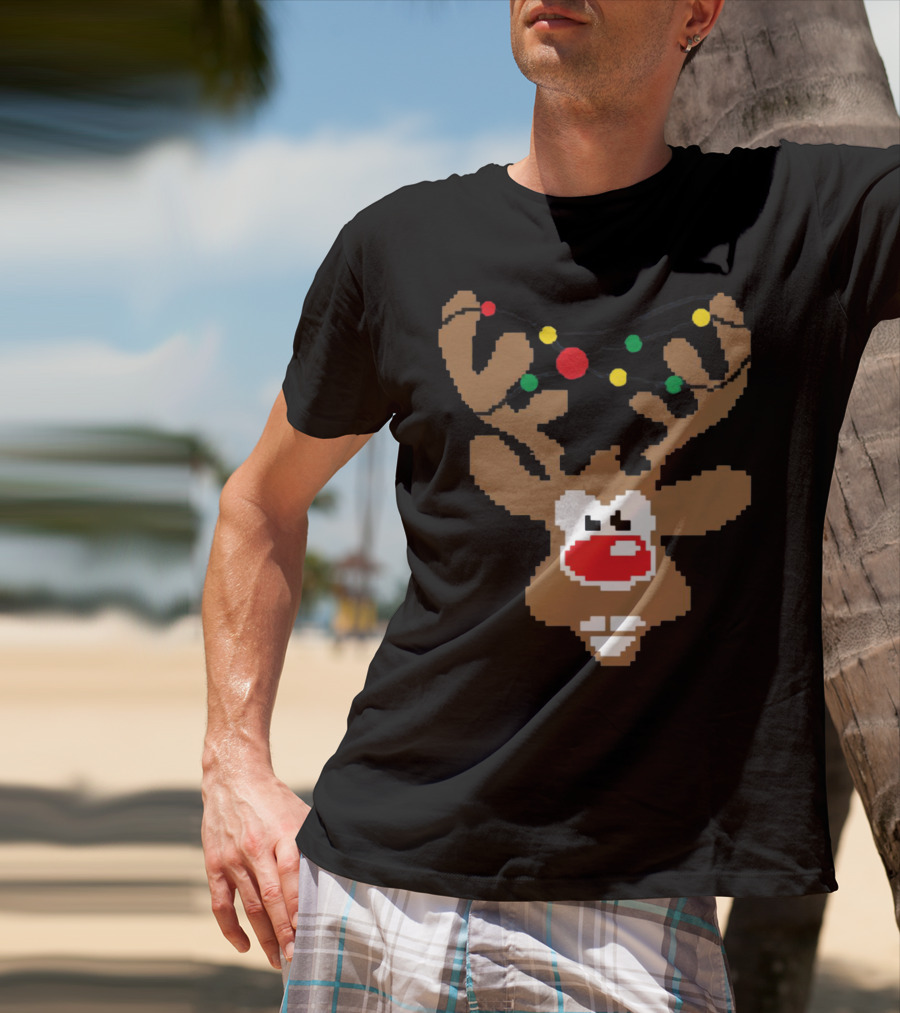 Christmas Youth Pixel Reindeer With Colorful Lights T-Shirt