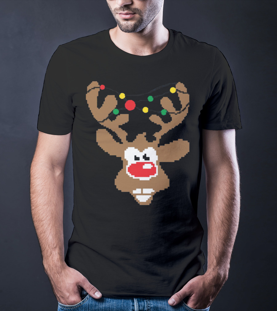 Christmas Youth Pixel Reindeer With Colorful Lights T-Shirt