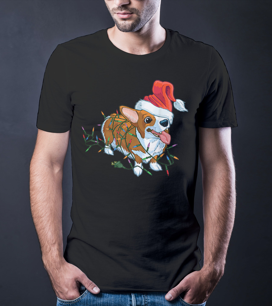 Corgi Christmas Lights Santa Hat T-Shirt