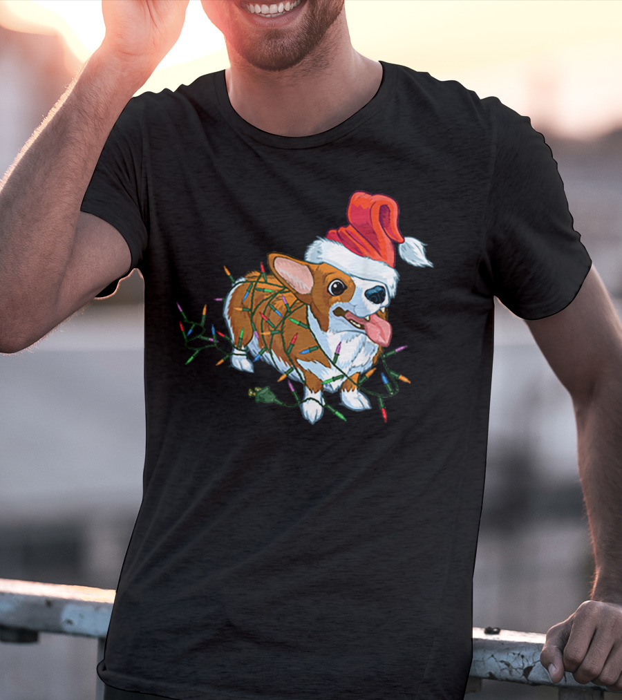 Corgi Christmas Lights Santa Hat T-Shirt