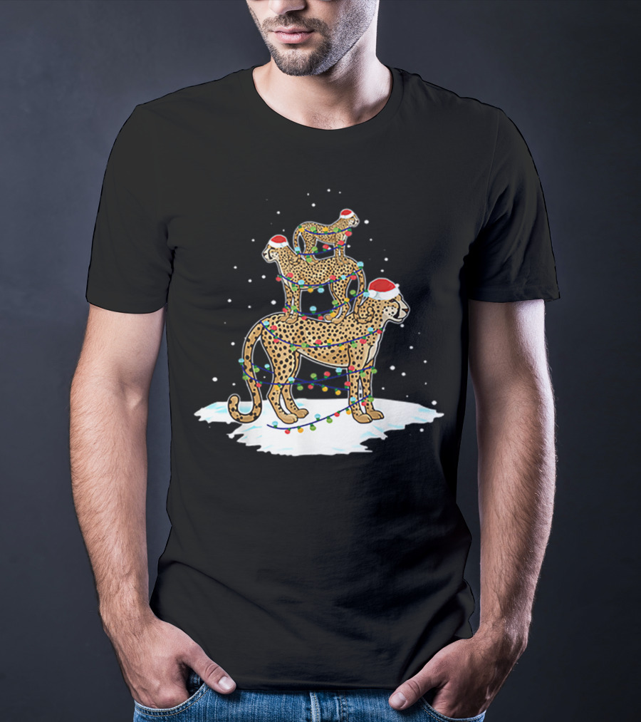 Cheetah Santa Christmas Tree With Festive Lights And Snowflakes T-Shirt