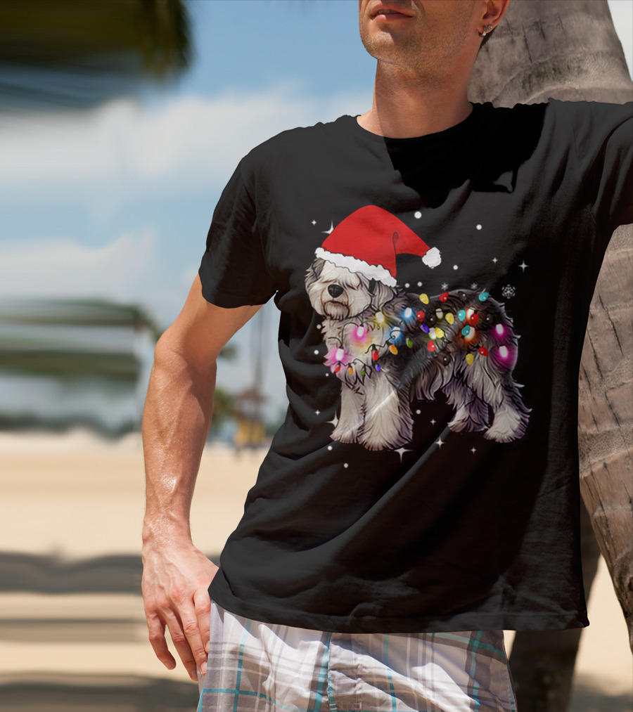 Christmas Lights Olde English Sheepdog Santa Hat T-Shirt