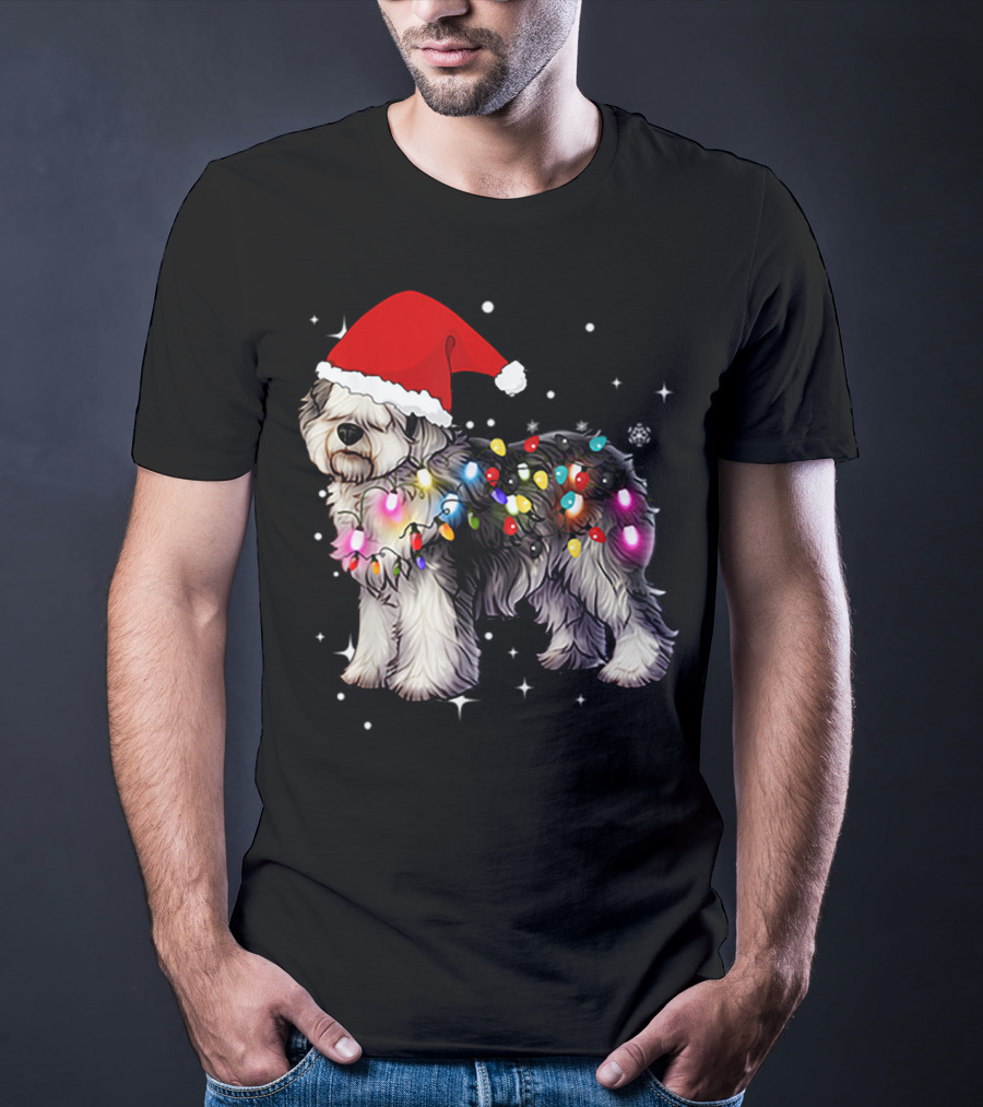 Christmas Lights Olde English Sheepdog Santa Hat T-Shirt