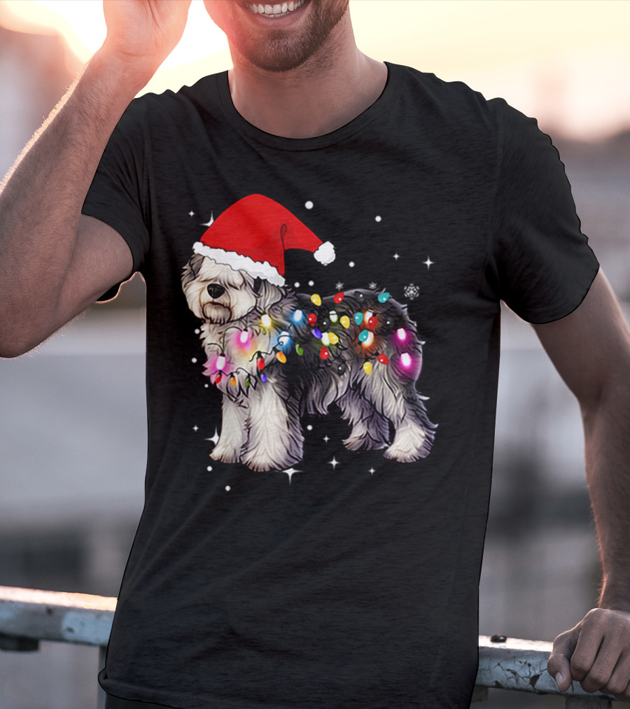 Christmas Lights Olde English Sheepdog Santa Hat T-Shirt