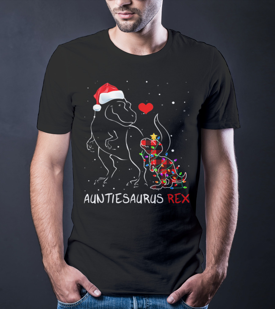 AUNTIESAURUS REX Red Plaid Christmas Dinosaur With Santa Hat And Lights T-Shirt