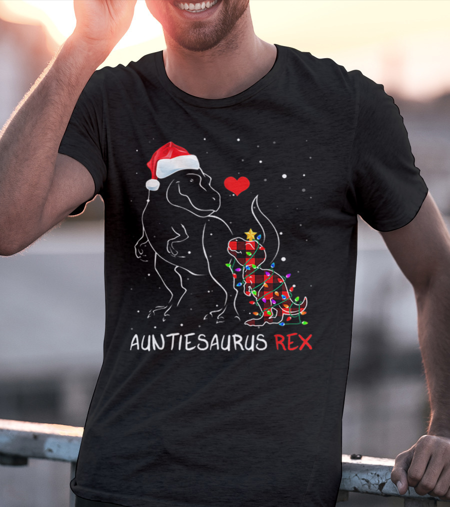 AUNTIESAURUS REX Red Plaid Christmas Dinosaur With Santa Hat And Lights T-Shirt