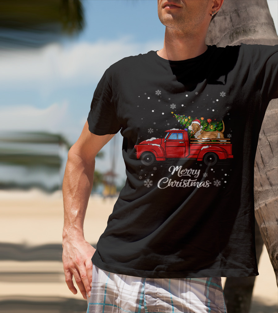 Merry Christmas Basset Hound With Santa Hat On Red Truck With Christmas Tree And Snowflakes T-Shirt