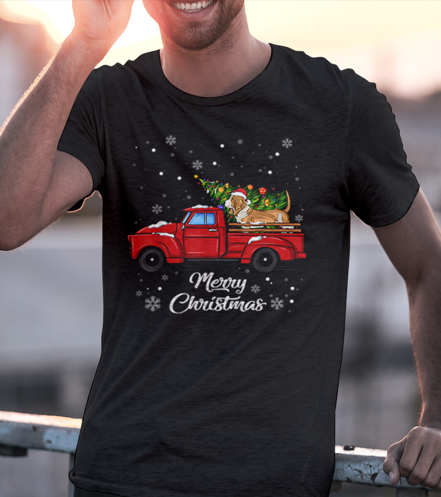 Merry Christmas Basset Hound With Santa Hat On Red Truck With Christmas Tree And Snowflakes T-Shirt