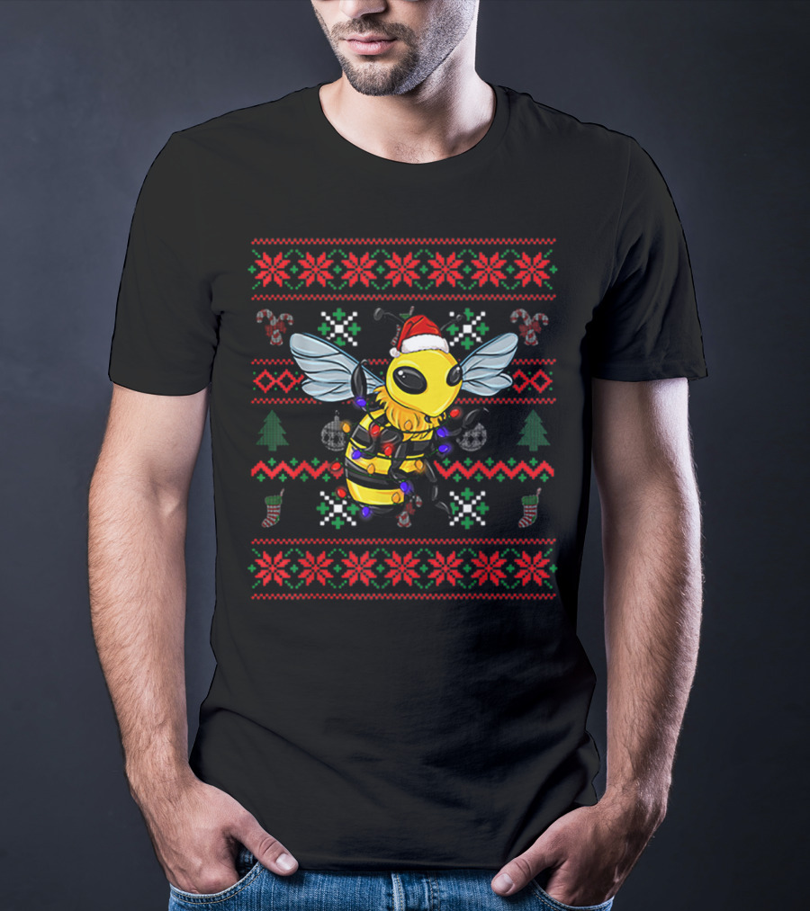 Bee Wearing Santa Hat With Christmas T-Shirt