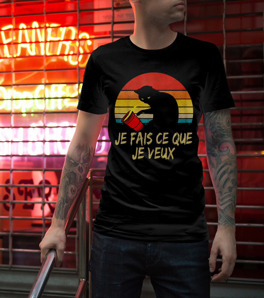 Black Cat Je Fais Ce Que Je Veux Retro Sunset Silhouette 80s T-Shirt