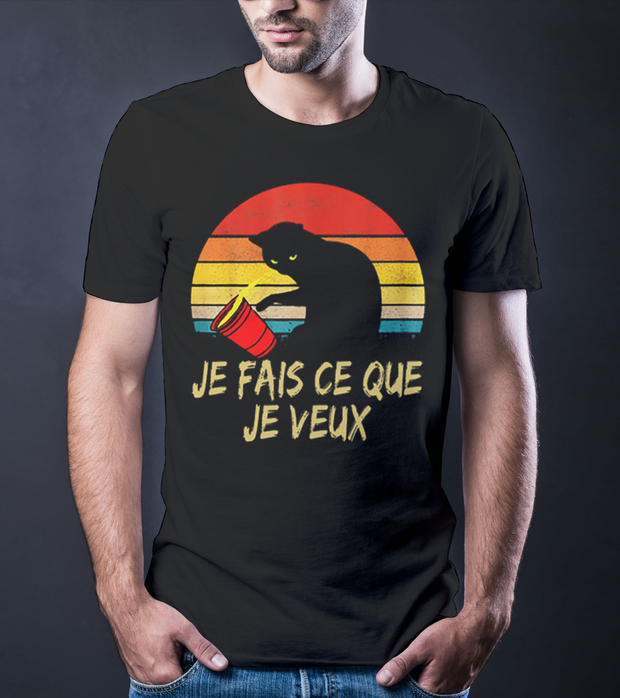 Black Cat Je Fais Ce Que Je Veux Retro Sunset Silhouette 80s T-Shirt