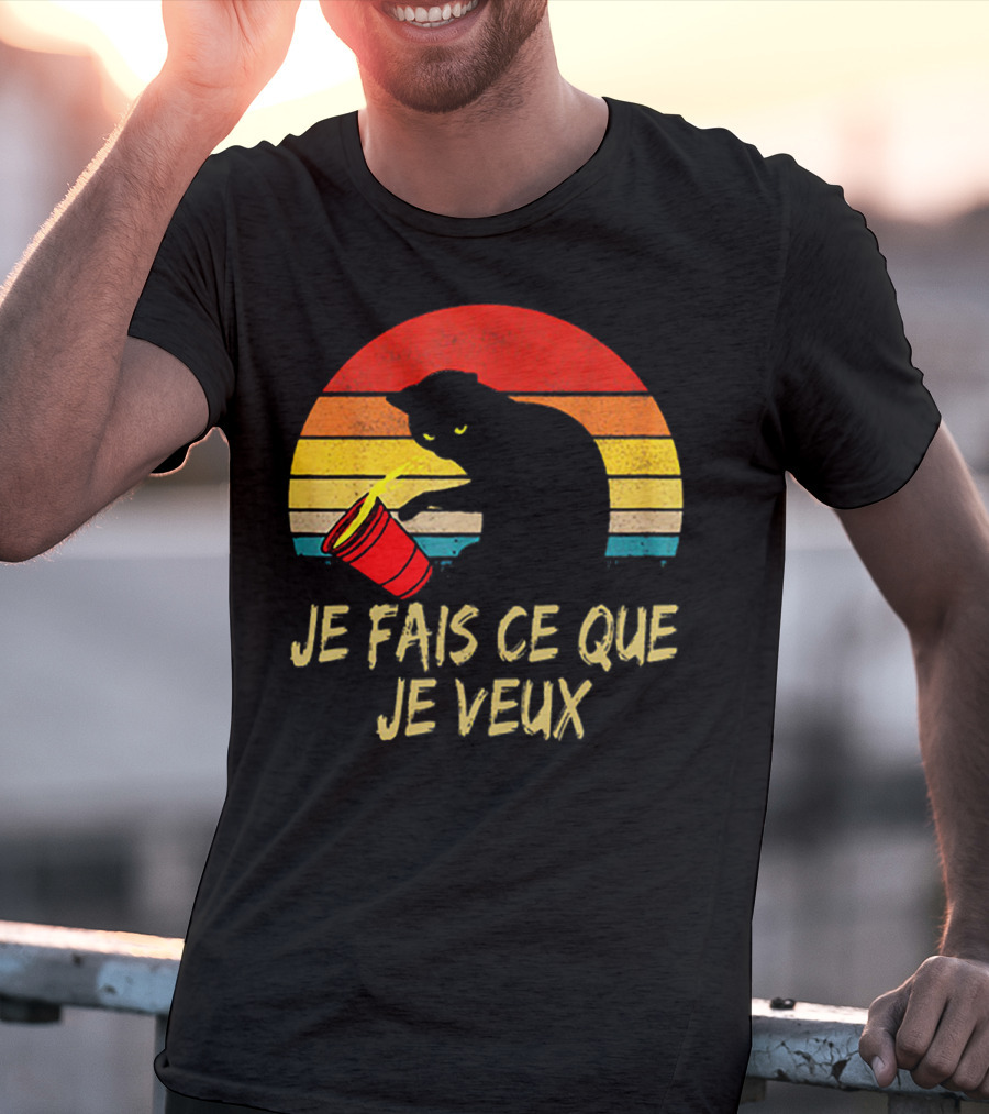 Black Cat Je Fais Ce Que Je Veux Retro Sunset Silhouette 80s T-Shirt