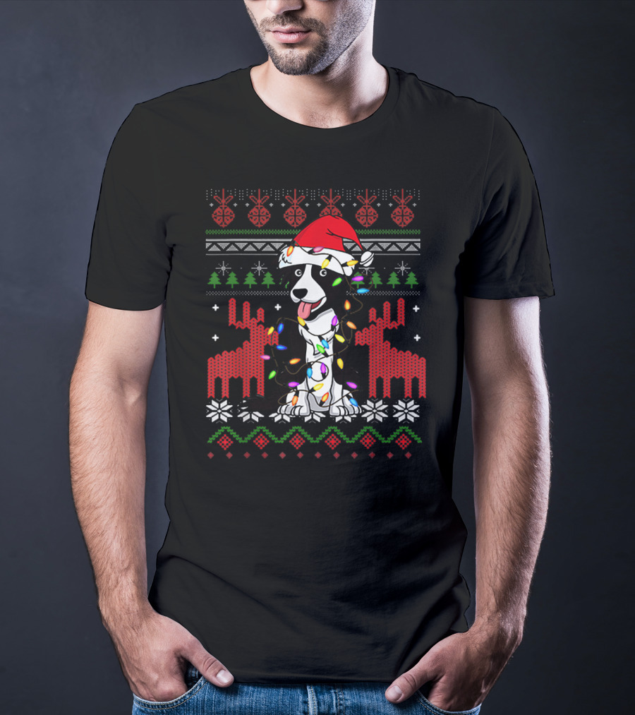 Border Collie Christmas Lights Santa Hat T-Shirt