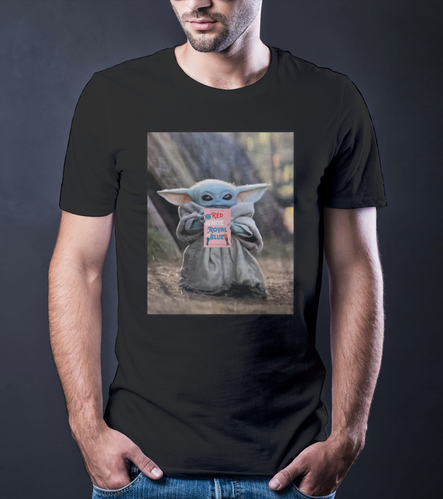 Baby Yoda Reads Red White Royal Blue Book T-Shirt