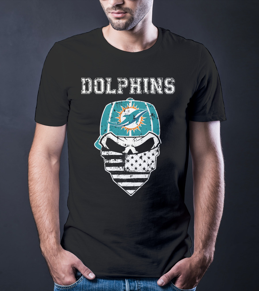 Dolphins Skull Bandana American Flag Miami Emblem T-Shirt