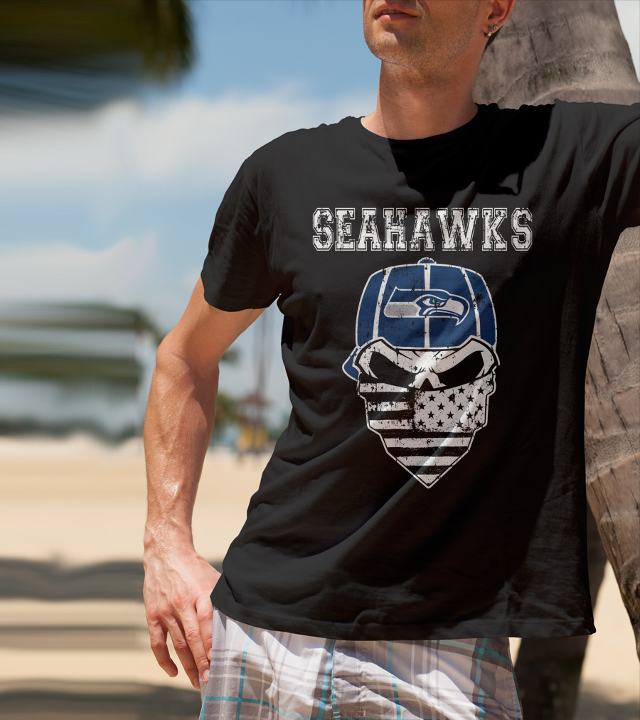 Seahawks Skull With Flag Bandana T-Shirt