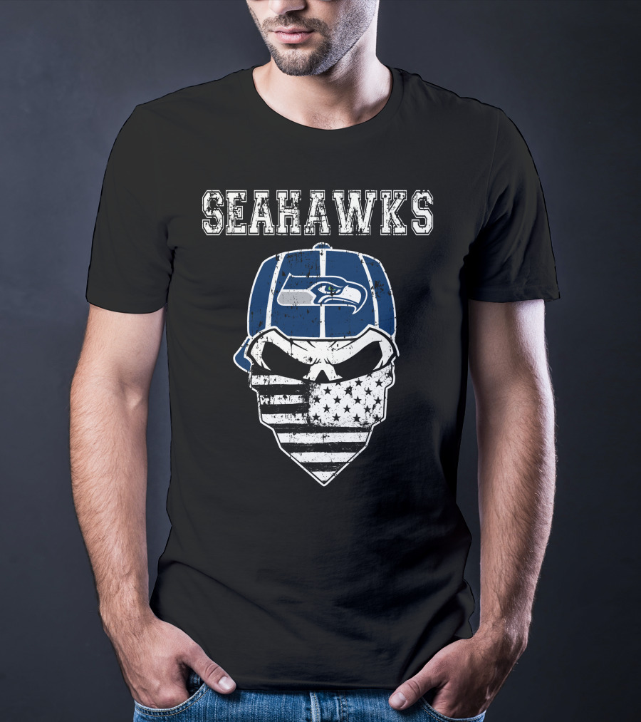 Seahawks Skull With Flag Bandana T-Shirt