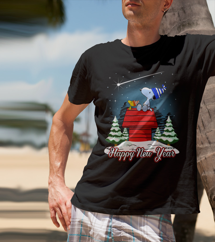 Snoopy Happy New Year With Woodstock On Doghouse Under Starry Sky T-Shirt