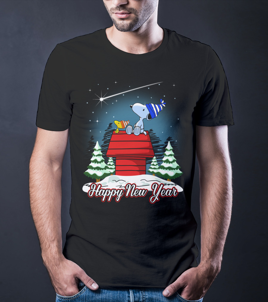 Snoopy Happy New Year With Woodstock On Doghouse Under Starry Sky T-Shirt