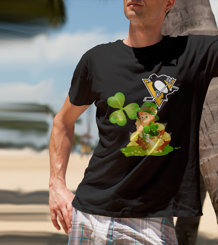 Pittsburgh Penguins St. Patrick's Day Lucky Leprechaun Hockey Shamrock Gold T-Shirt