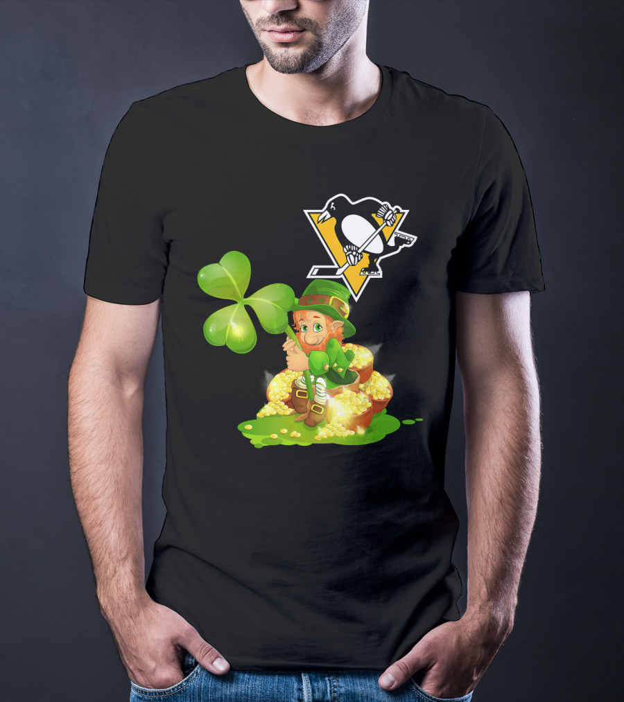Pittsburgh Penguins St. Patrick's Day Lucky Leprechaun Hockey Shamrock Gold T-Shirt