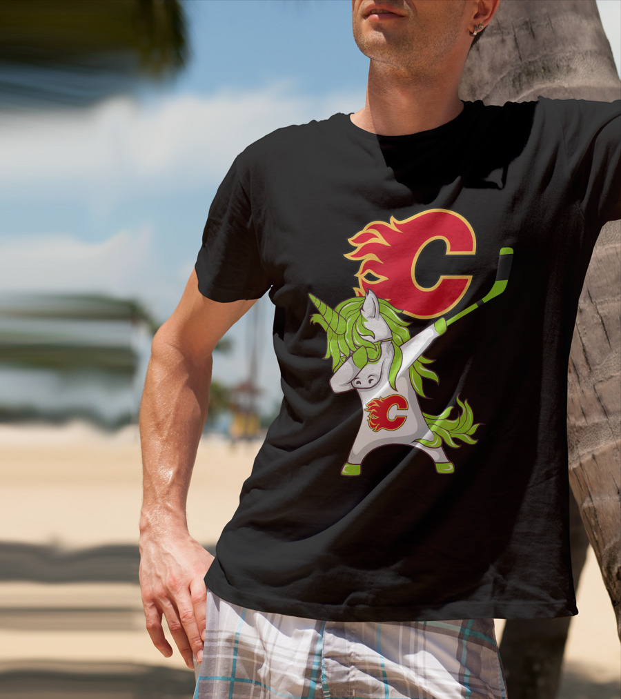St Patrick Day Dabbing Unicorn Calgary Flames Hockey Stick T-Shirt