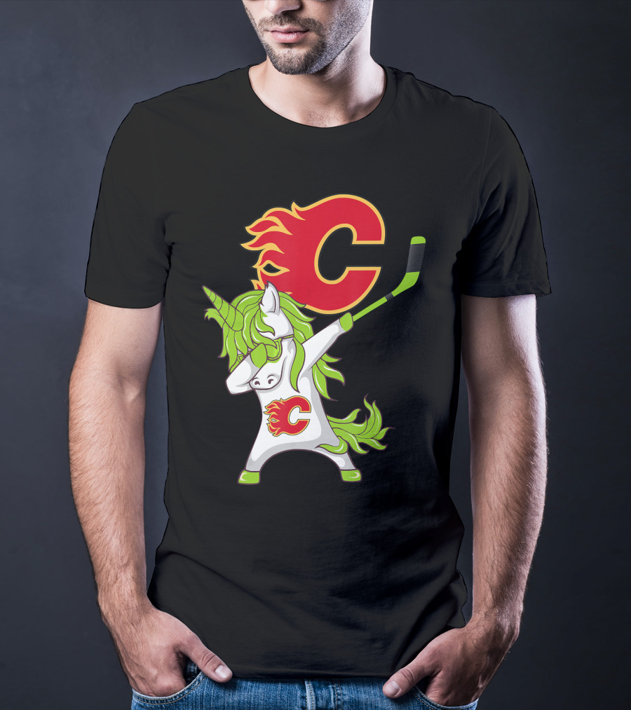 St Patrick Day Dabbing Unicorn Calgary Flames Hockey Stick T-Shirt