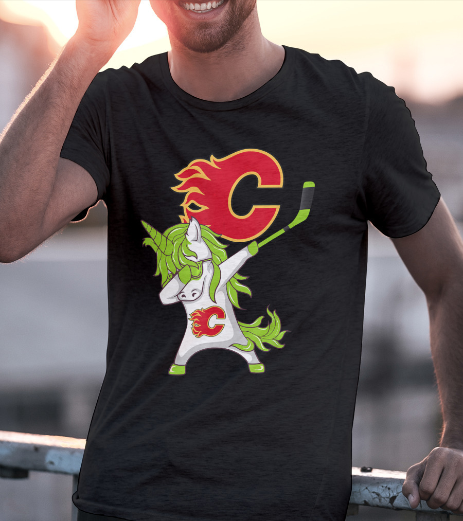 St Patrick Day Dabbing Unicorn Calgary Flames Hockey Stick T-Shirt