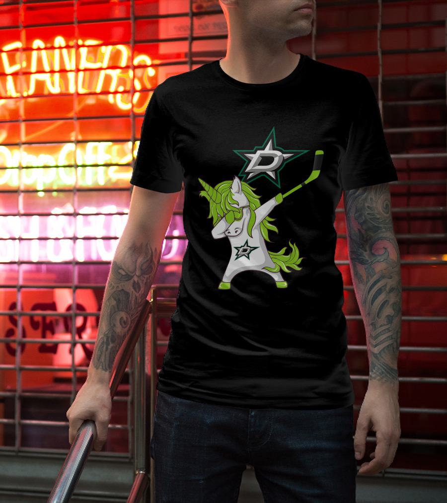St Patrick's Day Dabbing Unicorn With Hockey Stick Dallas Stars T-Shirt