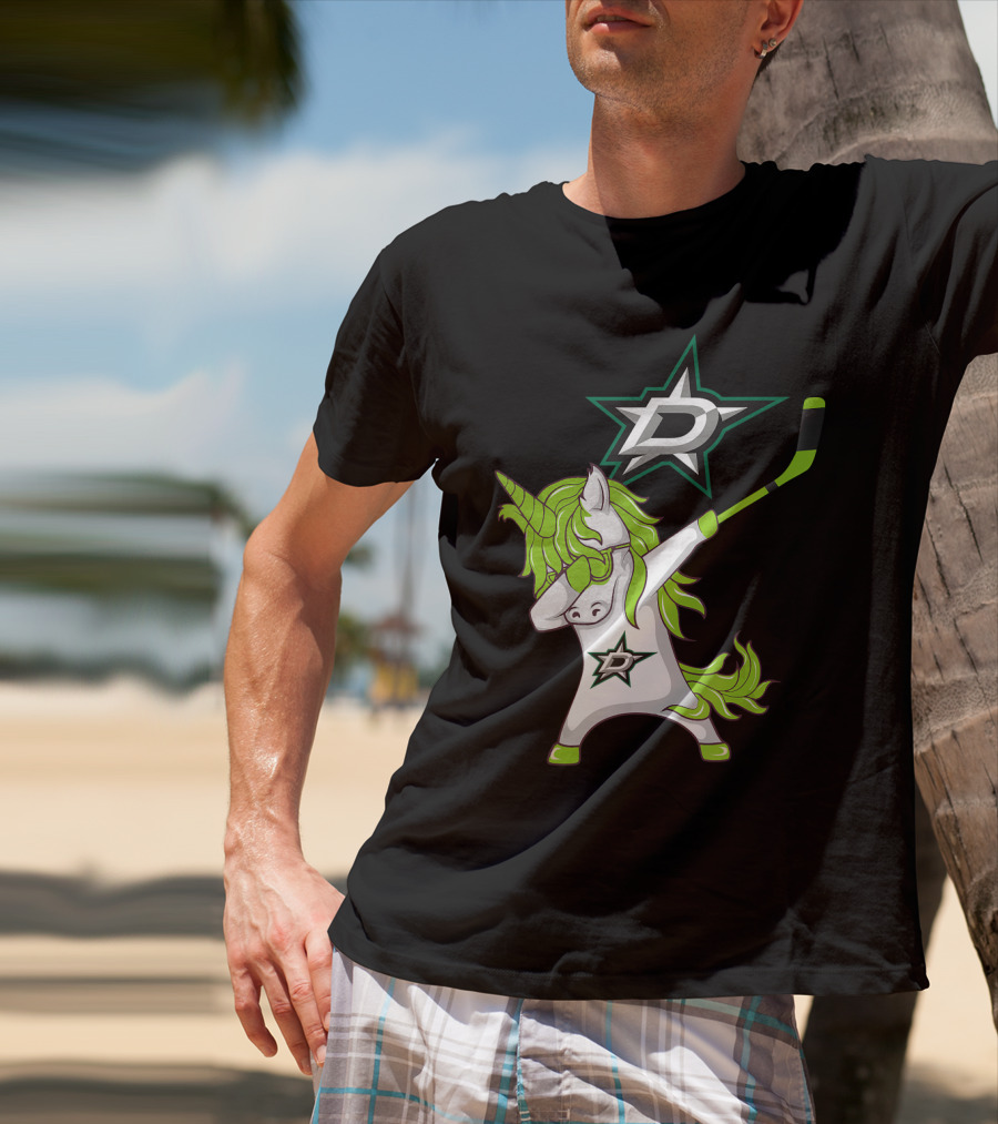 St Patrick's Day Dabbing Unicorn With Hockey Stick Dallas Stars T-Shirt