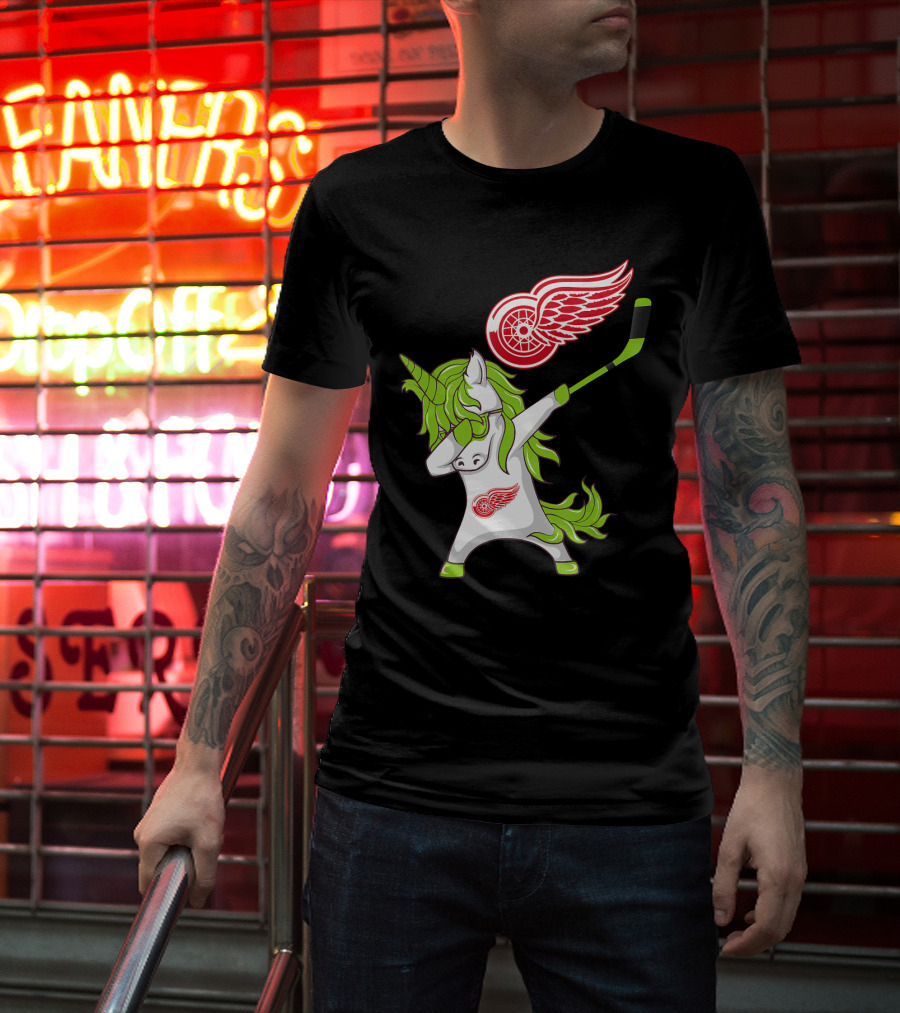 Detroit Red Wings St Patrick's Day Dabbing Unicorn Hockey Stick T-Shirt