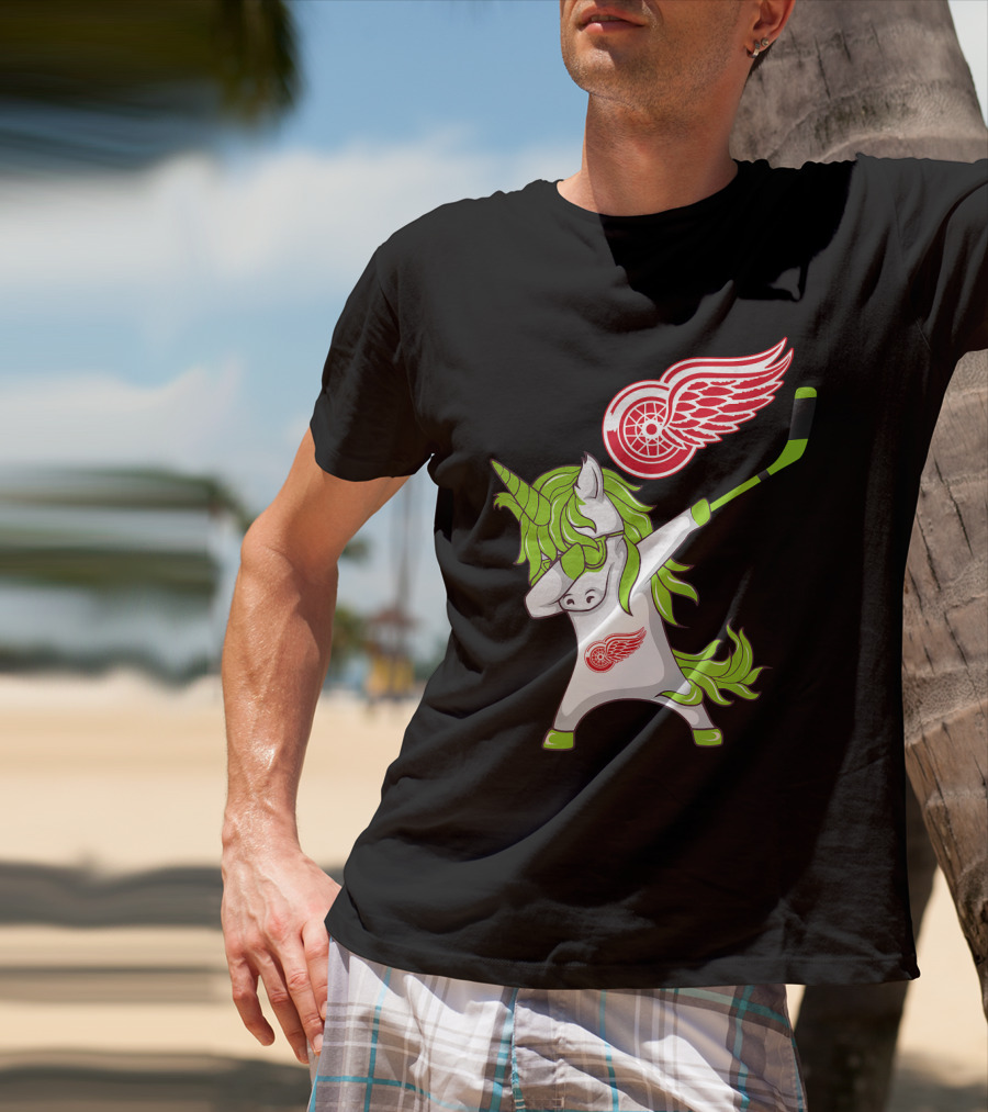 Detroit Red Wings St Patrick's Day Dabbing Unicorn Hockey Stick T-Shirt