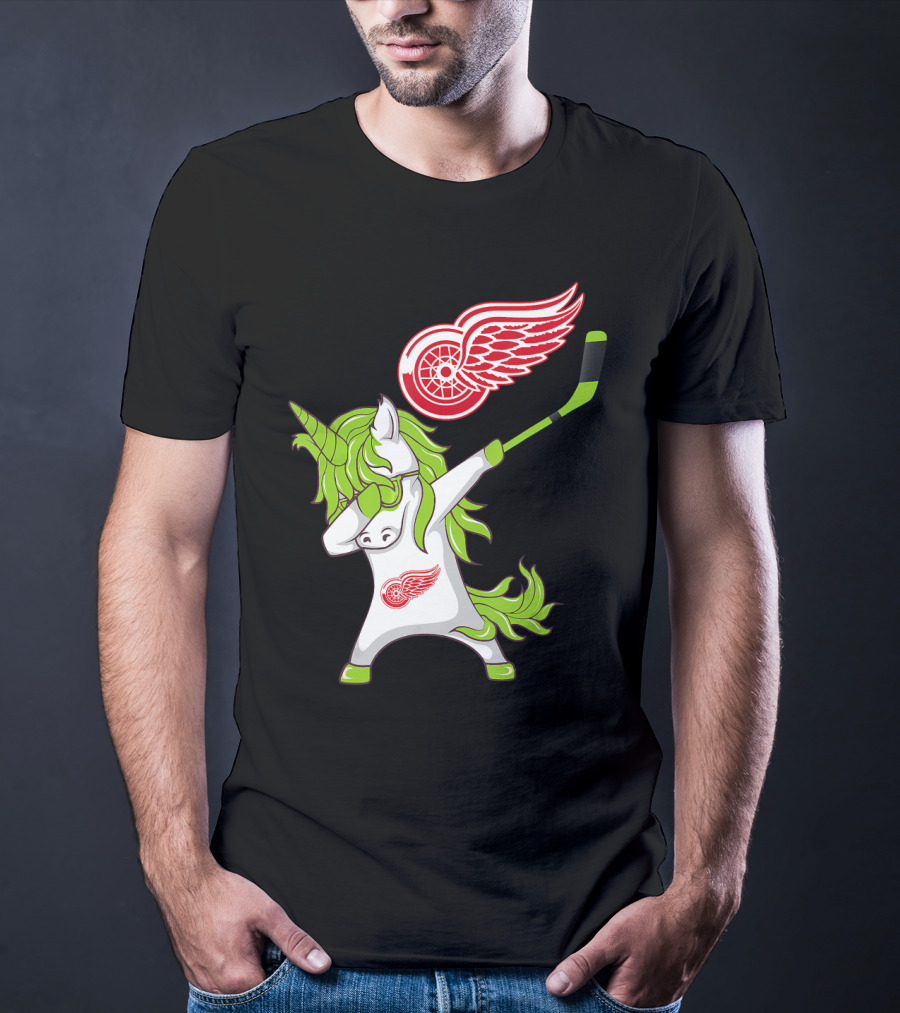 Detroit Red Wings St Patrick's Day Dabbing Unicorn Hockey Stick T-Shirt