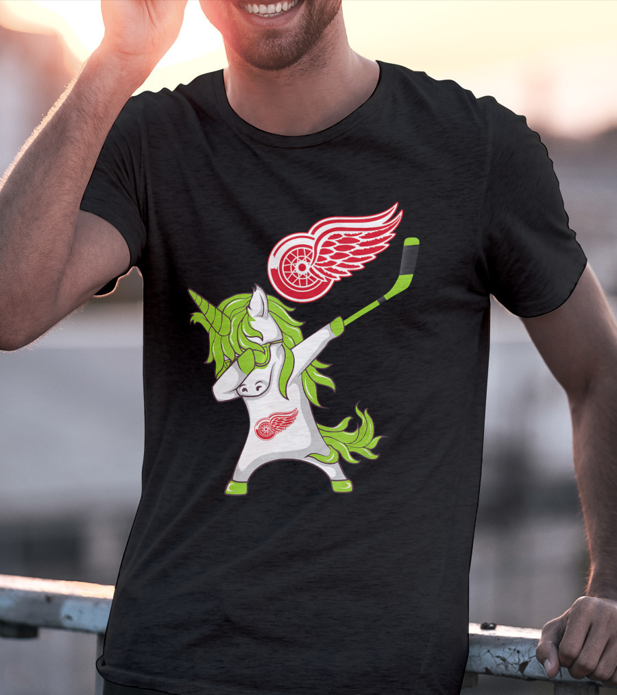 Detroit Red Wings St Patrick's Day Dabbing Unicorn Hockey Stick T-Shirt