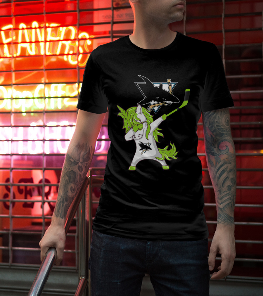St Patrick's Day Dabbing Unicorn San Jose Sharks Hockey Stick T-Shirt