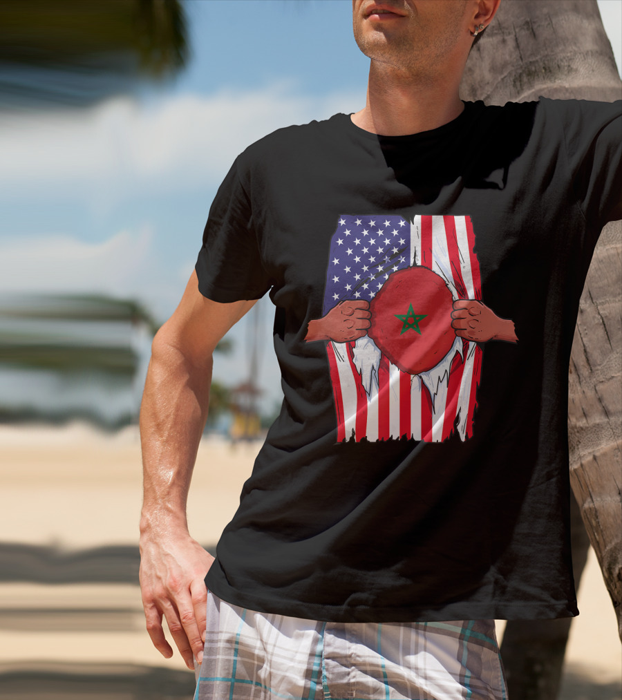 Morocco Flag Inside American Flag Home Pride Moroccan T-Shirt