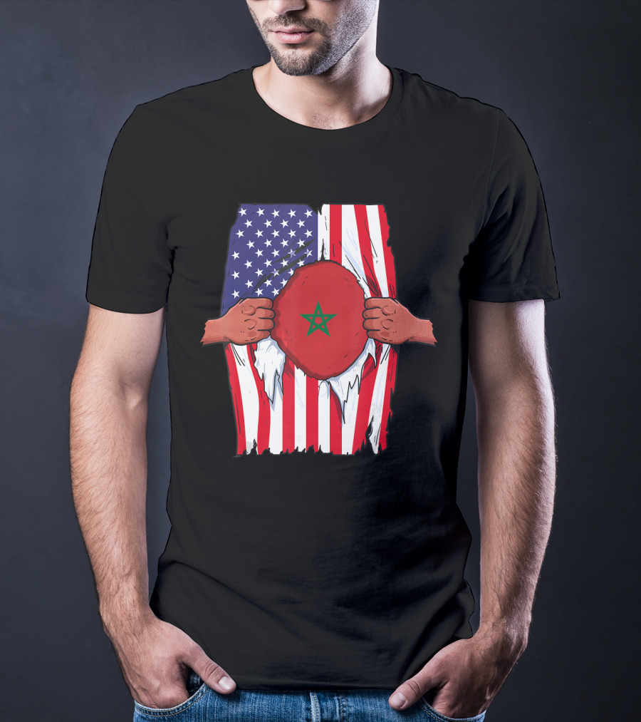 Morocco Flag Inside American Flag Home Pride Moroccan T-Shirt