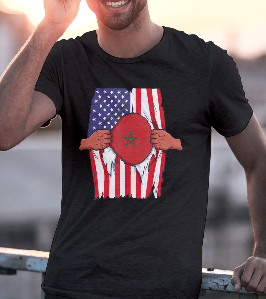 Morocco Flag Inside American Flag Home Pride Moroccan T-Shirt
